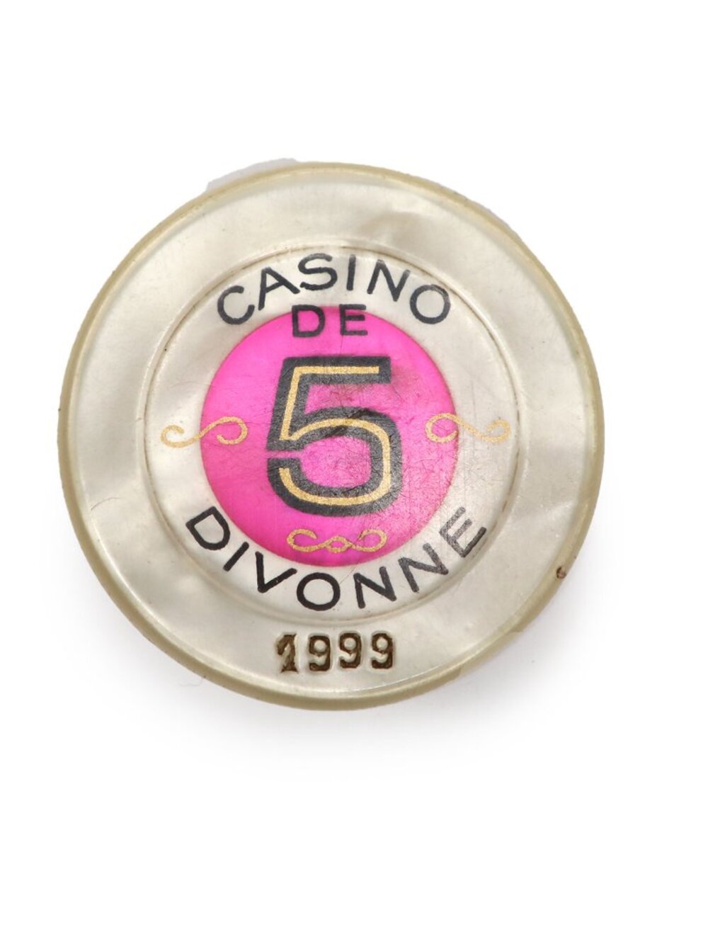 Vintage 1999 Casino de Divonne France 5 Francs Token Pearl Pink Gambling Chip